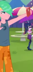 Size: 289x621 | Tagged: safe, derpibooru import, screencap, lemon zack, sci-twi, twilight sparkle, pony, equestria girls, equestria girls series, inclement leather, spoiler:choose your own ending (season 2), spoiler:eqg series (season 2), background human, bare arms, clothes, cropped, hashtag rain hair don't care, inclement leather: vignette valencia, male, mobile phone, pants, phone, selfie, sleeveless, smartphone, wet