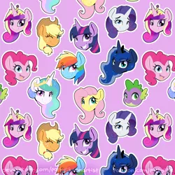 Size: 5000x5000 | Tagged: safe, artist:partylikeanartist, derpibooru import, applejack, fluttershy, pinkie pie, princess cadance, princess celestia, princess luna, rainbow dash, rarity, spike, twilight sparkle, alicorn, earth pony, pegasus, pony, unicorn, bedroom eyes, bust, crown, cute, diabetes, disembodied head, head only, jewelry, one eye closed, open mouth, pattern, portrait, regalia, seamless, smiling, tiara, tiled background, wink