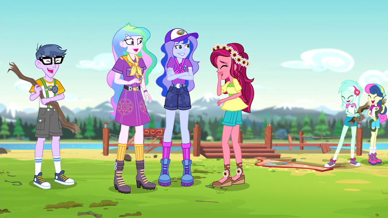 Size: 1280x720 | Tagged: safe, derpibooru import, screencap, bon bon, gloriosa daisy, lyra heartstrings, microchips, princess celestia, princess luna, sweetie drops, equestria girls, legend of everfree, legend of everfree - bloopers, animated actors, boots, camp everfree logo, camp everfree outfits, clothes, converse, female, flower, flower in hair, glasses, laughing, legs, male, principal celestia, shoes, shorts, sky, sneakers, socks, vice principal luna