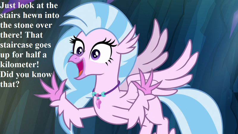 Size: 1280x720 | Tagged: cute, derpibooru import, diastreamies, edit, edited screencap, excited, jewelry, metric system, necklace, safe, screencap, silverstream, speech, stairs, talking, that hippogriff sure does love stairs, uprooted