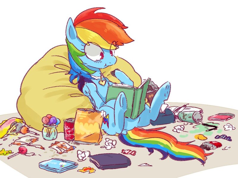 Size: 1110x832 | Tagged: safe, artist:nota_mano, derpibooru import, rainbow dash, pegasus, pony, 3ds, bean bag chair, beanbag chair, book, candy, cute, dashabetes, eating, eye clipping through hair, female, food, jewelry, lollipop, mare, messy, messy eating, necklace, no pupils, reading, sitting, snacks, soda, solo