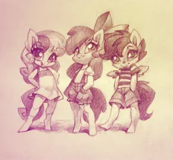 Size: 1911x1772 | Tagged: safe, artist:holivi, derpibooru import, apple bloom, scootaloo, sweetie belle, anthro, earth pony, pegasus, unguligrade anthro, unicorn, bow, clothes, cutie mark crusaders, dress, female, hair bow, hands in pockets, image, jpeg, shirt, shorts, sketch, t-shirt, trio