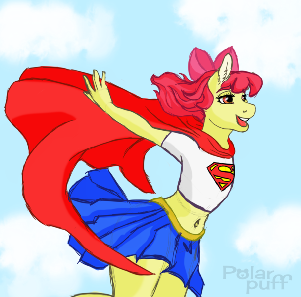 Size: 6000x5921 | Tagged: safe, artist:polar puff, derpibooru import, apple bloom, anthro, earth pony, belly button, bow, cape, clothes, cute, flying, hair bow, midriff, miniskirt, pleated skirt, skirt, skirt lift, sky, superfilly, supergirl