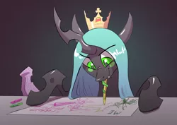Size: 3508x2480 | Tagged: safe, artist:underpable, derpibooru import, mean twilight sparkle, queen chrysalis, changeling, changeling queen, atg 2019, burger king, crayon, crown, cute, cutealis, dead, drawing, female, fridge art (literally), implied twilight sparkle, jewelry, long tongue, mouth hold, newbie artist training grounds, prehensile tongue, quadrupedal, regalia, solo, tongue out, twilog
