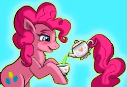 Size: 579x397 | Tagged: safe, artist:karnelia, derpibooru import, pinkie pie, earth pony, pony, chest fluff, cup, female, food, heart, how, mare, pinkie being pinkie, pouring, prehensile tail, simple background, solo, tail hold, tea, teacup, teapot