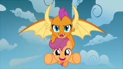 Size: 1920x1080 | Tagged: safe, artist:phucknuckl, derpibooru import, scootaloo, smolder, dragon, pegasus, pony, carrying, cute, cutealoo, dragoness, duo, female, filly, flying, friendship, holding a pony, scootaloo can fly, scootalove, sky, uplifting, wholesome