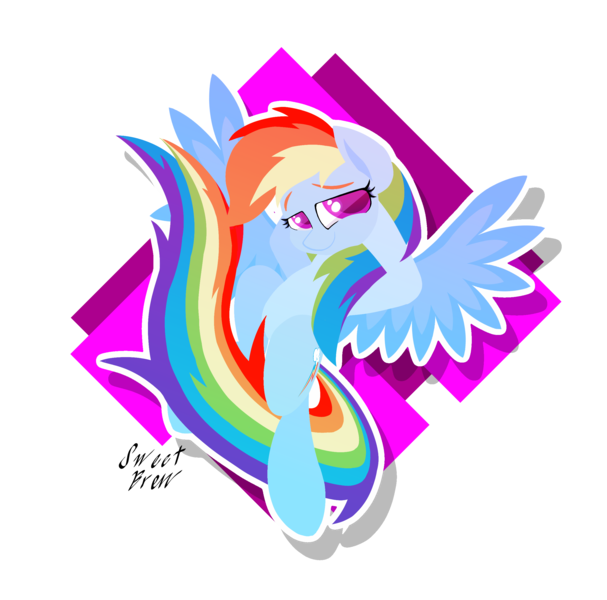 Size: 2572x2542 | Tagged: safe, artist:sweetbrew, derpibooru import, rainbow dash, pegasus, pony, abstract background, colored pupils, female, flying, hooves behind head, mare, solo, spread wings, sticker, wings