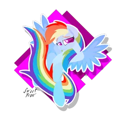 Size: 2572x2542 | Tagged: safe, artist:sweetbrew, derpibooru import, rainbow dash, pegasus, pony, abstract background, colored pupils, female, flying, hooves behind head, mare, solo, spread wings, sticker, wings