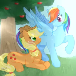 Size: 1200x1200 | Tagged: safe, artist:emptyfaze, derpibooru import, applejack, rainbow dash, earth pony, pegasus, pony, apple, apple tree, appledash, blushing, female, lesbian, looking at each other, mare, prone, raised hoof, shipping, spread wings, tree, wings