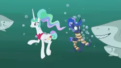 Size: 1920x1080 | Tagged: safe, derpibooru import, screencap, princess celestia, princess luna, alicorn, great white shark, pony, shark, between dark and dawn, alternate hairstyle, barehoof, bikini, bubble, clothes, fangs, female, hair bun, holding breath, hungry, mare, oh dear, oh no, ponytail, red swimsuit, royal sisters, scared, sharp teeth, striped swimsuit, swimming, swimsuit, tail bun, teeth, underwater, wide eyes