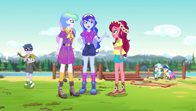 Size: 1263x720 | Tagged: safe, derpibooru import, screencap, bon bon, gloriosa daisy, lyra heartstrings, microchips, princess celestia, princess luna, sweetie drops, equestria girls, legend of everfree, legend of everfree - bloopers, animated actors, boots, camp everfree logo, camp everfree outfits, clothes, converse, female, flower, flower in hair, glasses, legs, male, principal celestia, shoes, shorts, sky, sneakers, socks, vice principal luna