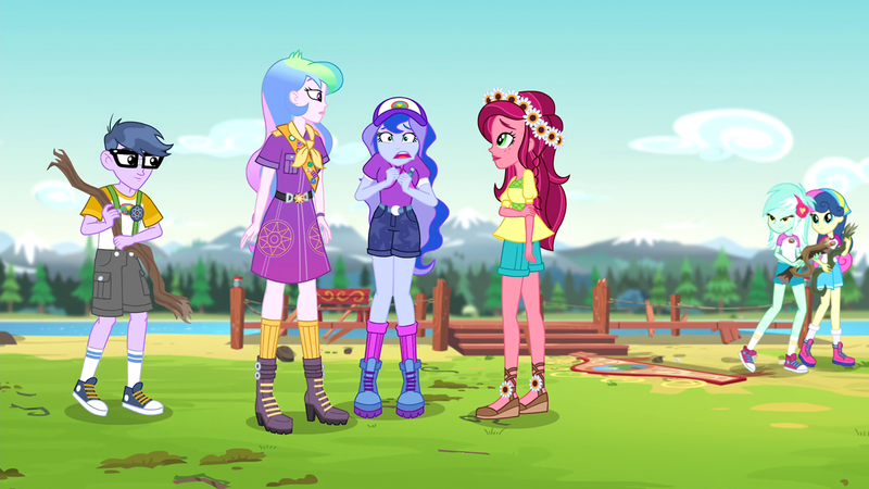 Size: 1280x720 | Tagged: safe, derpibooru import, screencap, bon bon, gloriosa daisy, lyra heartstrings, microchips, princess celestia, princess luna, sweetie drops, equestria girls, legend of everfree, legend of everfree - bloopers, animated actors, boots, camp everfree logo, camp everfree outfits, clothes, converse, female, flower, flower in hair, glasses, legs, male, principal celestia, shoes, shorts, sky, sneakers, socks, vice principal luna