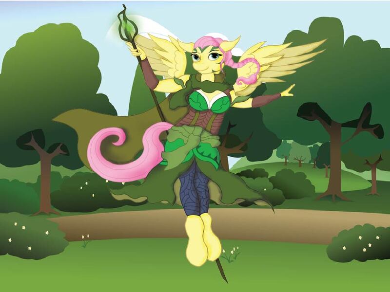 Size: 864x648 | Tagged: anthro, artist:nightveil, artist:nightveilnocturne, crossover, derpibooru import, fluttershy, magic the gathering, nissa revane, safe, unguligrade anthro