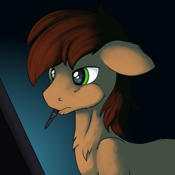 Size: 1000x1000 | Tagged: safe, artist:redquoz, derpibooru import, oc, oc:red bark, earth pony, pony, atg 2019, chest fluff, concentrating, dramatic lighting, drawing, drawing tablet, ear fluff, ear twitch, green eyes, male, mouth hold, newbie artist training grounds, ponysona, self portrait, solo, stallion, stylus