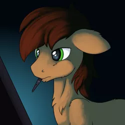 Size: 1000x1000 | Tagged: safe, artist:redquoz, derpibooru import, oc, oc:red bark, earth pony, pony, atg 2019, chest fluff, concentrating, dramatic lighting, drawing, drawing tablet, ear fluff, ear twitch, green eyes, male, mouth hold, newbie artist training grounds, ponysona, self portrait, solo, stallion, stylus