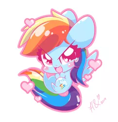 Size: 2040x2100 | Tagged: safe, artist:hungrysohma, derpibooru import, rainbow dash, pegasus, pony, :3, blushing, chibi, cute, cute little fangs, dashabetes, eye clipping through hair, fangs, female, heart, open mouth, simple background, solo, white background