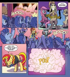 Size: 798x876 | Tagged: safe, artist:pencils, derpibooru import, idw, blue beats, cranky doodle donkey, key note, sunset shimmer, synthcord, unnamed character, unnamed pony, donkey, pony, unicorn, spoiler:comic, spoiler:comic79, background pony, bass guitar, female, filly, horse puns, male, mare, musical instrument, stallion, sunset shredder