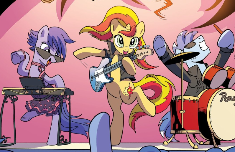 Size: 797x516 | Tagged: safe, artist:pencils, derpibooru import, idw, blue beats, key note, sunset shimmer, synthcord, earth pony, pony, unicorn, spoiler:comic, spoiler:comic79, bass guitar, bipedal, dexterous hooves, drum kit, drums, female, guitar, hoof hold, human pose, keyboard, male, mare, musical instrument, stallion, sunset shredder, trio