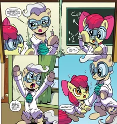 Size: 796x848 | Tagged: safe, artist:pencils, derpibooru import, idw, apple bloom, mayor mare, earth pony, pony, spoiler:comic, spoiler:comic79, bow, chalkboard, clothes, exclamation point, hair bow, interrobang, lab coat, question mark