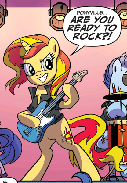 Size: 490x707 | Tagged: safe, artist:pencils, derpibooru import, idw, blue beats, sunset shimmer, pony, unicorn, spoiler:comic, spoiler:comic79, bipedal, clothes, cropped, female, grin, guitar, hoof hold, jacket, leather jacket, male, mare, musical instrument, smiling, solo focus, stallion, sunset shredder