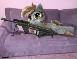 Size: 2200x1706 | Tagged: safe, artist:chopsticks, derpibooru import, oc, oc:gunsmoke, unofficial characters only, earth pony, pony, 1st awesome platoon, 20mm rifle, anti-materiel rifle, cheek fluff, chest fluff, couch, ear fluff, female, gun, hoof fluff, irl, lying down, mare, photo, weapon