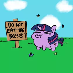 Size: 1024x1024 | Tagged: safe, artist:luzion, artist:tjpones, color edit, derpibooru import, edit, editor:luzion, twilight sparkle, bee, insect, unicorn, bee sting, colored, do not eat, female, mare, not salmon, sign, swollen, this ended in pain, too dumb to live, twiggie, warning sign, wat, why