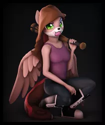 Size: 1820x2160 | Tagged: 3d, anthro, artist:imafutureguitarhero, baseball bat, boots, border, brown hair, chromatic aberration, clothes, colored eyebrows, colored wings, commission, derpibooru import, eyeshadow, face mask, female, film grain, floppy ears, kneeling, lidded eyes, looking at you, makeup, mare, multicolored hair, multicolored mane, multicolored tail, oc, oc:vixen, pants, pegasus, plantigrade anthro, raised eyebrow, safe, shoes, signature, solo, source filmmaker, tanktop, unofficial characters only, wings