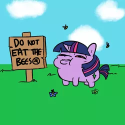 Size: 1024x1024 | Tagged: safe, artist:luzion, artist:tjpones, color edit, derpibooru import, edit, editor:luzion, twilight sparkle, bee, insect, unicorn, bee sting, colored, do not eat, drugs, female, high, highlight sparkle, mare, marijuana, marijuana leaf, not salmon, red eyes, sign, stoned, swollen, this ended in pain, too dumb to live, twiggie, warning sign, wat, why
