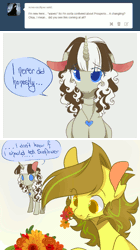 Size: 700x1250 | Tagged: safe, artist:laceymod, derpibooru import, oc, oc:lovelace, oc:sunflower, unofficial characters only, earth pony, pony, unicorn, ask lovelace, animated, female, flower, gif, mare