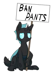 Size: 745x1024 | Tagged: artist:senaelik, blue changeling, cel shading, changeling, derpibooru import, exploitable, safe, shading, sign, simple background, sitting, solo, transparent background, we don't normally wear clothes