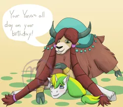 Size: 2300x2000 | Tagged: safe, artist:azurllinate, derpibooru import, yona, oc, oc:sol bright, pony, unicorn, yak, age difference, anklet, birthday, blue eyes, blushing, braid, canon x oc, cloven hooves, confident, crushing, female, grin, hazel eyes, hooves, horn, interspecies, interspecies love, long hair, long mane, looking at each other, male, older, older yona, on top, ponytail, size difference, smiling, solna, speech, speech bubble, squished, straight, sweat, talking, two toned mane, unicorn oc