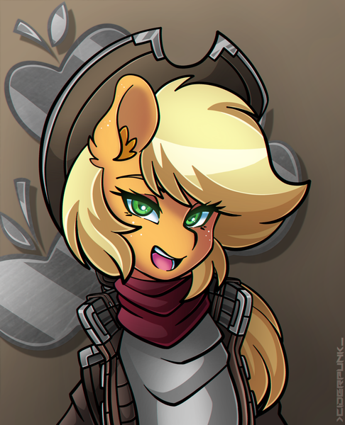 Size: 3000x3700 | Tagged: safe, artist:ciderpunk, derpibooru import, applejack, pony, bandana, bust, clothes, cutie mark background, cyberpunk, looking at you