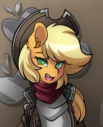 Size: 3000x3700 | Tagged: safe, artist:ciderpunk, derpibooru import, applejack, pony, bandana, bust, clothes, cutie mark background, cyberpunk, looking at you