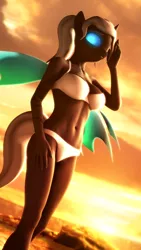 Size: 1080x1920 | Tagged: 3d, anthro, artist:jacob_lhh3, belly button, bikini, changeling, changeling oc, clothes, derpibooru import, female, glowing eyes, nexgen, oc, oc:dragonfly, plantigrade anthro, ponytail, safe, solo, source filmmaker, swimsuit, tattoo, wings