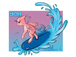 Size: 800x600 | Tagged: safe, derpibooru import, pony, advertisement, any gender, any species, auction, commission, full body, simple background, sketch, solo, surfboard, surfing, water, your character here