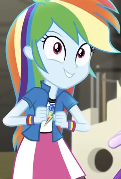 Size: 552x816 | Tagged: safe, derpibooru import, screencap, rainbow dash, sci-twi, twilight sparkle, equestria girls, movie magic, spoiler:eqg specials, clothes, compression shorts, cropped, cute, dashabetes, female, geode of super speed, jacket, magical geodes, offscreen character, shorts, skirt, solo focus, wristband