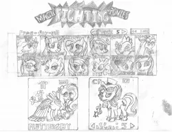 Size: 1998x1545 | Tagged: safe, derpibooru import, applejack, discord, fluttershy, pinkie pie, princess cadance, princess celestia, princess luna, rainbow dash, rarity, snowfall frost, spike, starlight glimmer, twilight sparkle, alicorn, draconequus, dragon, earth pony, pegasus, pony, unicorn, clothes, costume, dress, fight, gala dress, game, parody, super smash bros., video game