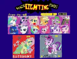 Size: 1998x1545 | Tagged: safe, derpibooru import, applejack, discord, fluttershy, pinkie pie, princess cadance, princess celestia, princess luna, rainbow dash, rarity, snowfall frost, spike, starlight glimmer, twilight sparkle, alicorn, draconequus, dragon, earth pony, pegasus, pony, unicorn, clothes, costume, dress, fight, gala dress, game, mane seven, mane six, parody, super smash bros., video game