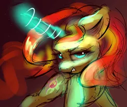 Size: 2432x2047 | Tagged: safe, artist:xbi, derpibooru import, sunset shimmer, pony, unicorn, 30 minute art challenge, action pose, angry, badass, female, glowing horn, horn, looking at you, magic, mare, solo