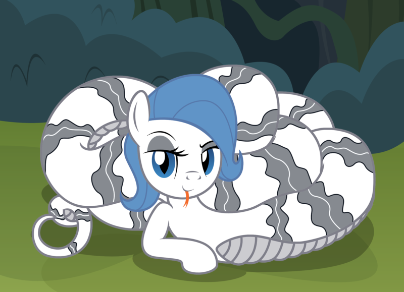 Size: 2200x1592 | Tagged: safe, artist:badumsquish, derpibooru import, oc, oc:theme, ponified, unofficial characters only, lamia, monster pony, original species, pony, derpibooru, bedroom eyes, coils, derpibooru ponified, dreamworks face, female, forest, illusion, lamiafied, looking at you, meta, mlem, monster mare, reclining, side, silly, slit eyes, solo, species swap, tongue flick, tongue out, twibooru theme illusion