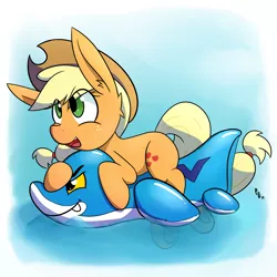 Size: 3072x3072 | Tagged: safe, artist:ponballoon, deleted from derpibooru, derpibooru import, applejack, pony, cute, ear fluff, floating, floaty, happy, inflatable, inflatable shark, inflatable toy, jackabetes, open mouth, pool toy, summer, water