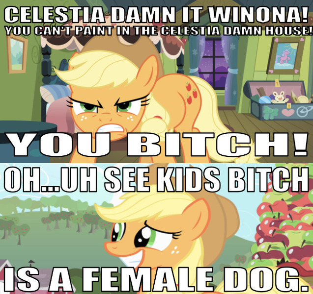 Size: 639x602 | Tagged: safe, derpibooru import, edit, edited screencap, editor:undeadponysoldier, screencap, applejack, winona, earth pony, pony, abuse, angry, animal abuse, apple, blues clues, captain obvious, caption, female, food, if kids shows were real, image macro, implied winona, mare, nervous, no shit sherlock, parody, reference, saying celestia's name in vane, smosh, solo, text, toy box, vulgar, winonabuse, yelling