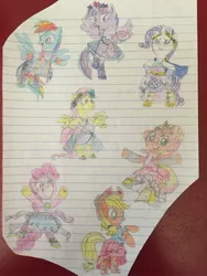 Size: 2448x3264 | Tagged: safe, artist:dupontsimon, derpibooru import, applejack, fluttershy, pinkie pie, rainbow dash, rarity, sunset shimmer, twilight sparkle, twilight sparkle (alicorn), alicorn, pony, fanfic:magic show of friendship, equestria girls, equestria girls series, lined paper, mane five, mane six, photo, super ponied up, traditional art