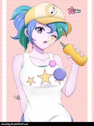 Size: 748x1000 | Tagged: safe, alternate version, artist:clouddg, derpibooru import, summer solstice (character), equestria girls, equestria girls series, five lines you need to stand in, spoiler:eqg series (season 2), alternate hairstyle, baseball cap, breasts, busty summer solstice, cap, cute, eyebrows visible through hair, female, food, food on face, hat, looking at you, mustard, not celestia, one eye closed, sauce, signature, solo, wink