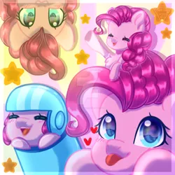 Size: 1280x1280 | Tagged: safe, artist:auroracursed, derpibooru import, pinkie pie, earth pony, pony, :p, blushing, bust, chest fluff, cute, deviantart watermark, diapinkes, eyes closed, female, heart, helmet, looking at you, mare, multeity, obtrusive watermark, open mouth, party cannon, pony cannonball, portrait, solo, stars, tongue out, upside down, watermark