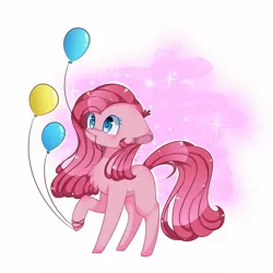 Size: 1500x1500 | Tagged: safe, artist:rainbowmoon2512, derpibooru import, pinkie pie, pony, abstract background, balloon, chest fluff, colored pupils, cute, cuteamena, diapinkes, floppy ears, mouth hold, pinkamena diane pie, solo