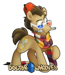 Size: 1280x1473 | Tagged: safe, artist:luximus17, derpibooru import, doctor whooves, time turner, pony, 3d glasses, bowtie, clothes, crossover, cute, doctor who, doctorbetes, fez, hat, male, mouth hold, scarf, simple background, solo, sonic screwdriver, stallion, tardis, transparent background