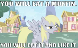 Size: 640x399 | Tagged: safe, derpibooru import, edit, edited screencap, editor:undeadponysoldier, screencap, derpy hooves, pegasus, pony, epic rage time, angry, caption, cunningham muffins, demanding, female, house, image macro, mare, open mouth, ponyville, reference, solo, spread wings, talking to viewer, text, wings