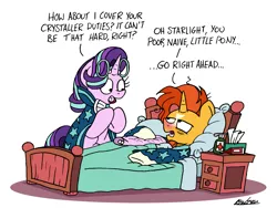 Size: 2401x1801 | Tagged: safe, artist:bobthedalek, derpibooru import, starlight glimmer, sunburst, pony, unicorn, atg 2019, bags under eyes, bed, clothes, dialogue, glasses, medicine, messy mane, newbie artist training grounds, pajamas, red nosed, robe, sick, starlight wearing sunburst's robe, sunburst's glasses, sunburst's robe, tempting fate, this will end in pain, this will end in tears, this will not end well, tissue box