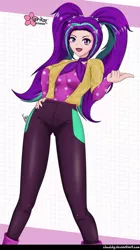 Size: 561x1000 | Tagged: safe, alternate version, artist:clouddg, derpibooru import, aria blaze, human, equestria girls, equestria girls series, find the magic, rainbow rocks, spoiler:eqg series (season 2), ariabetes, ascot, beckoning, cute, female, human coloration, looking at you, open mouth, pigtails, signature, smiling, solo, twintails